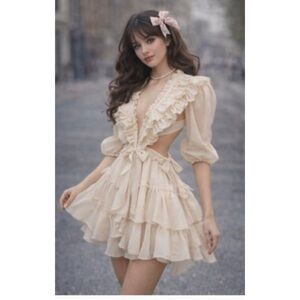Privy Tiered Cut-Out Mini Cream Ruffled Soft Romantic Open Back Fairy Dress M